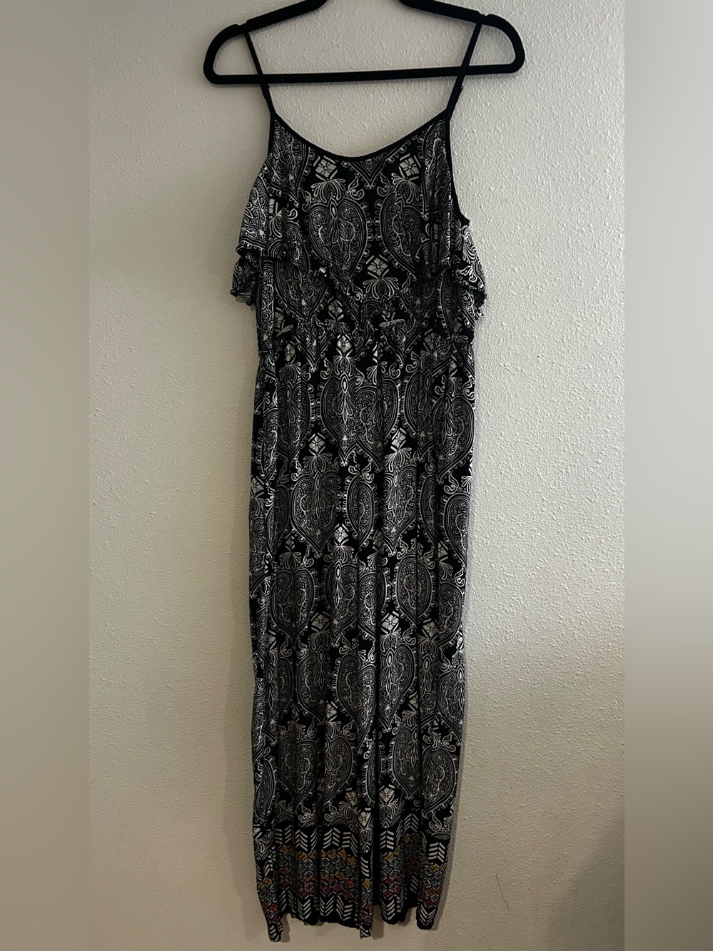 Angie Black and White Paisley Maxi Dress with Spaghetti Straps